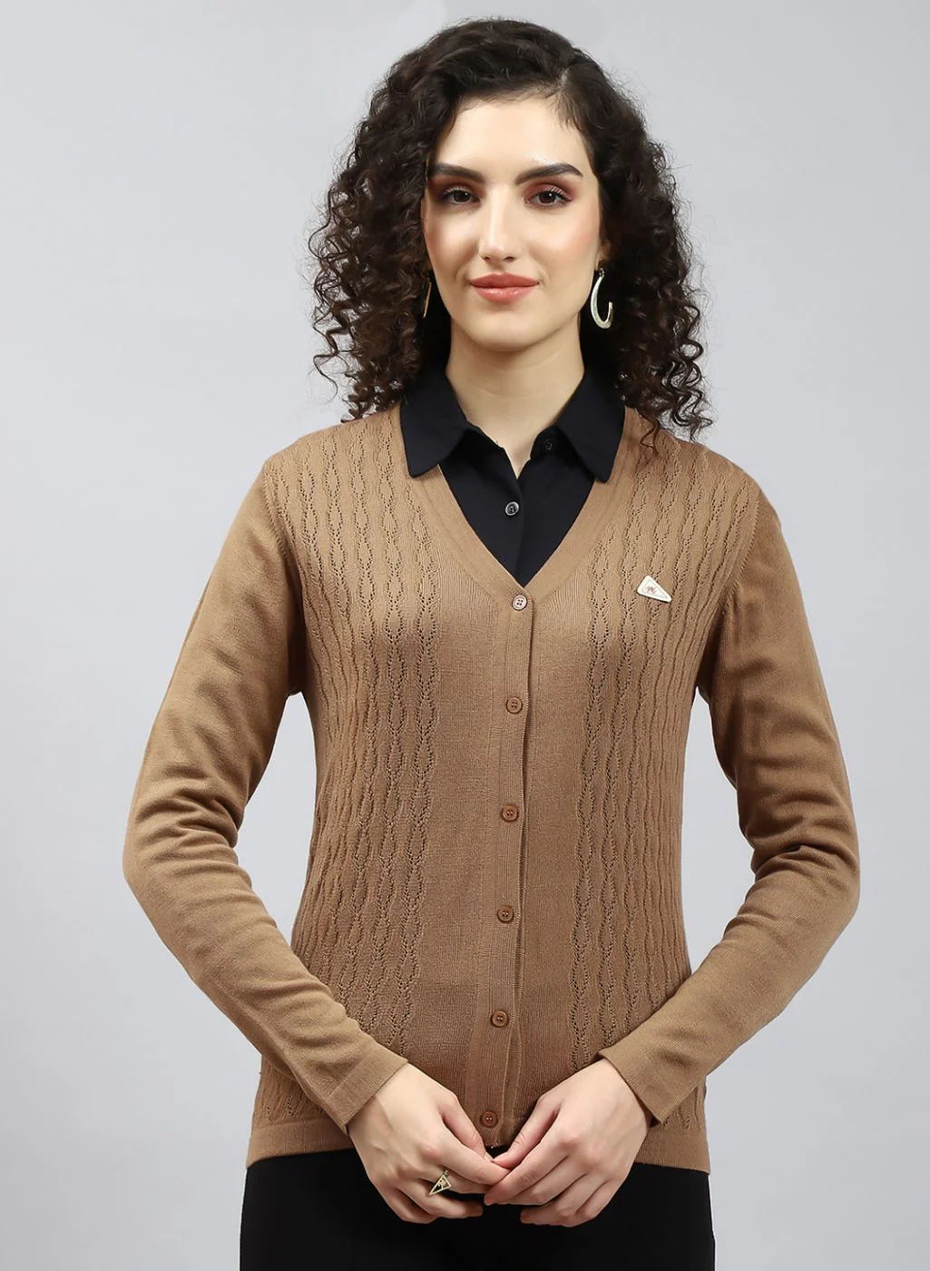 Women Yellow Self Design Wool blend Cardigan - Image 2