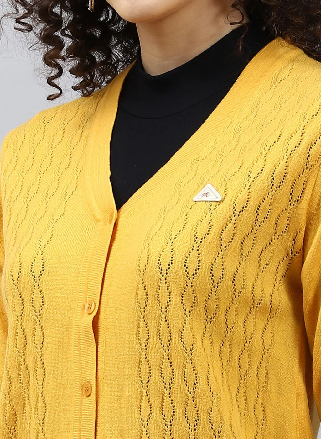 Women Yellow Self Design Wool blend Cardigan - Image 6