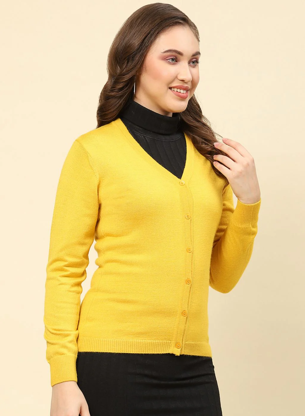 Women Yellow Solid Modal Nylone Cardigan - Image 4