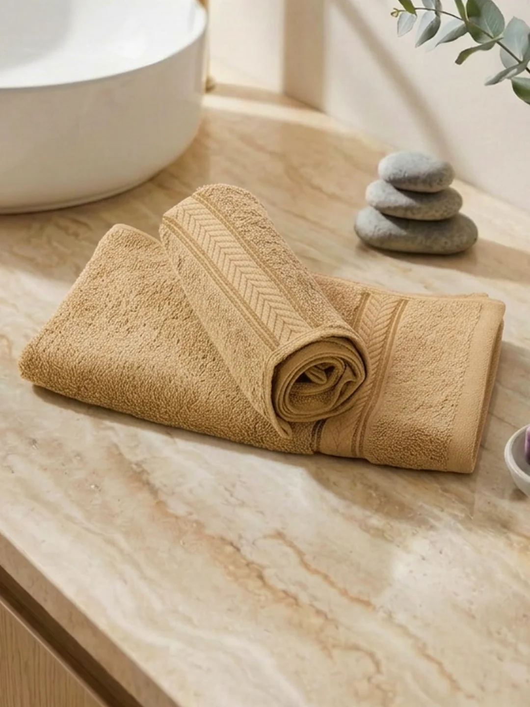 Premium Camel Brown 100% Cotton Solid 525 GSM Hand Towel Amber 2 Pc Set Pvc Pack - Image 2