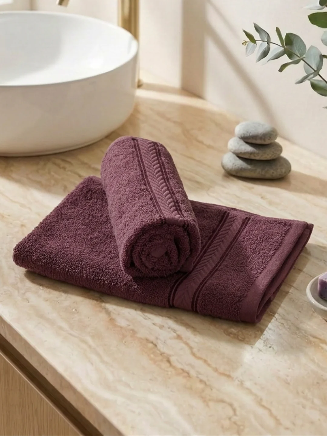 Premium Maroon 100% Cotton Solid 525 GSM Hand Towel Amber 2 Pc Set Pvc Pack - Image 2