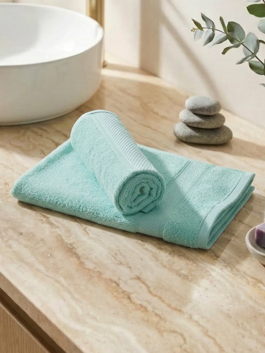 Premium Sea Green 100% Cotton Solid 525 GSM Hand Towel Amber 2 Pc Set Pvc Pack - Image 2