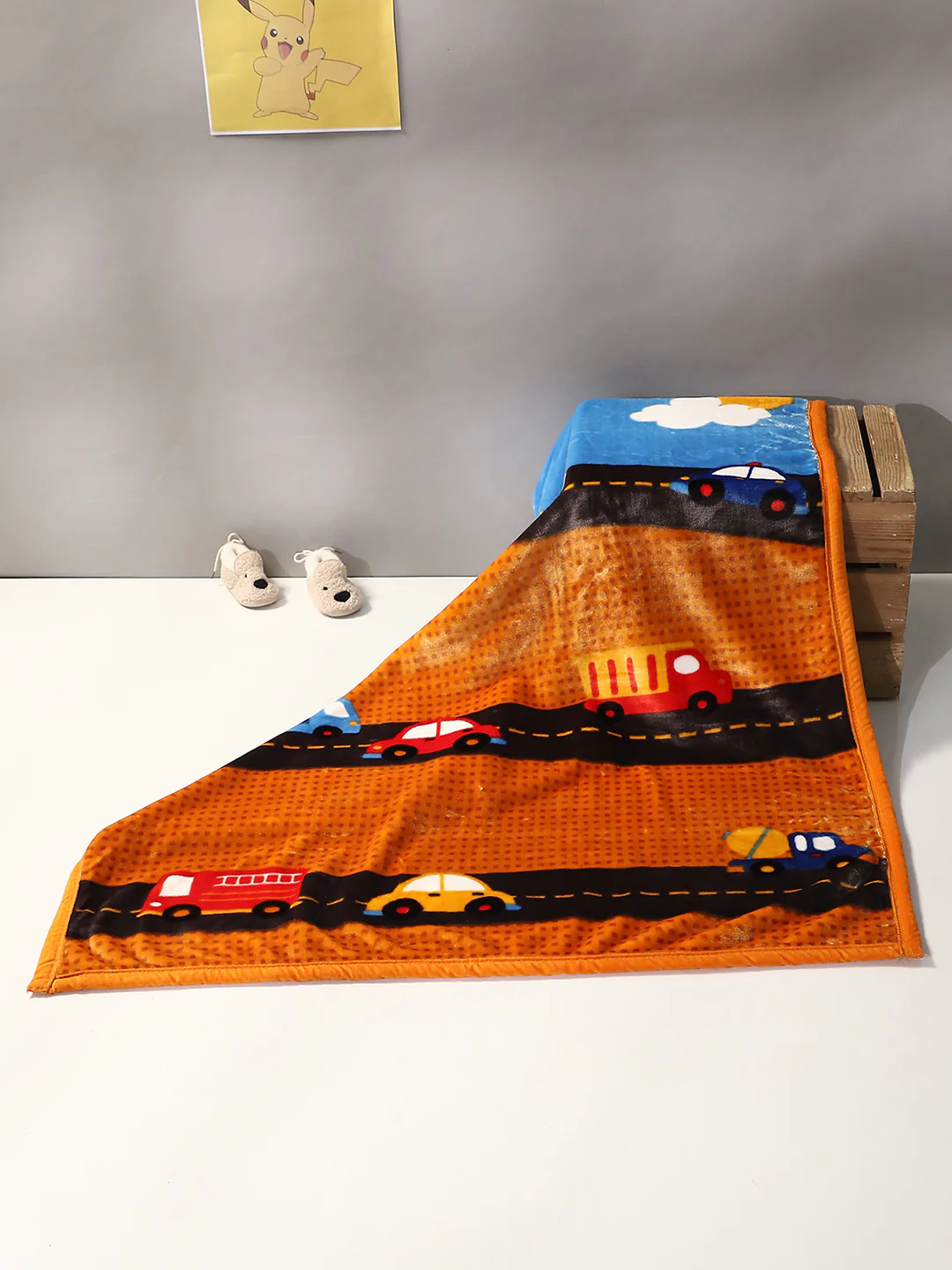 Cartoon Cars Printed Plush Orange Baby Blanket - Image 2