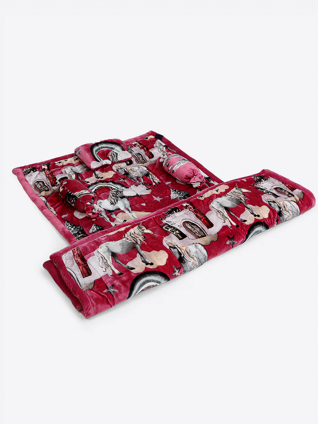 Cartoon Print Cozy Red Baby Blanket Set with Matching Comforter, Bedsheet, Neck Pillow, and Bolsters - Image 2