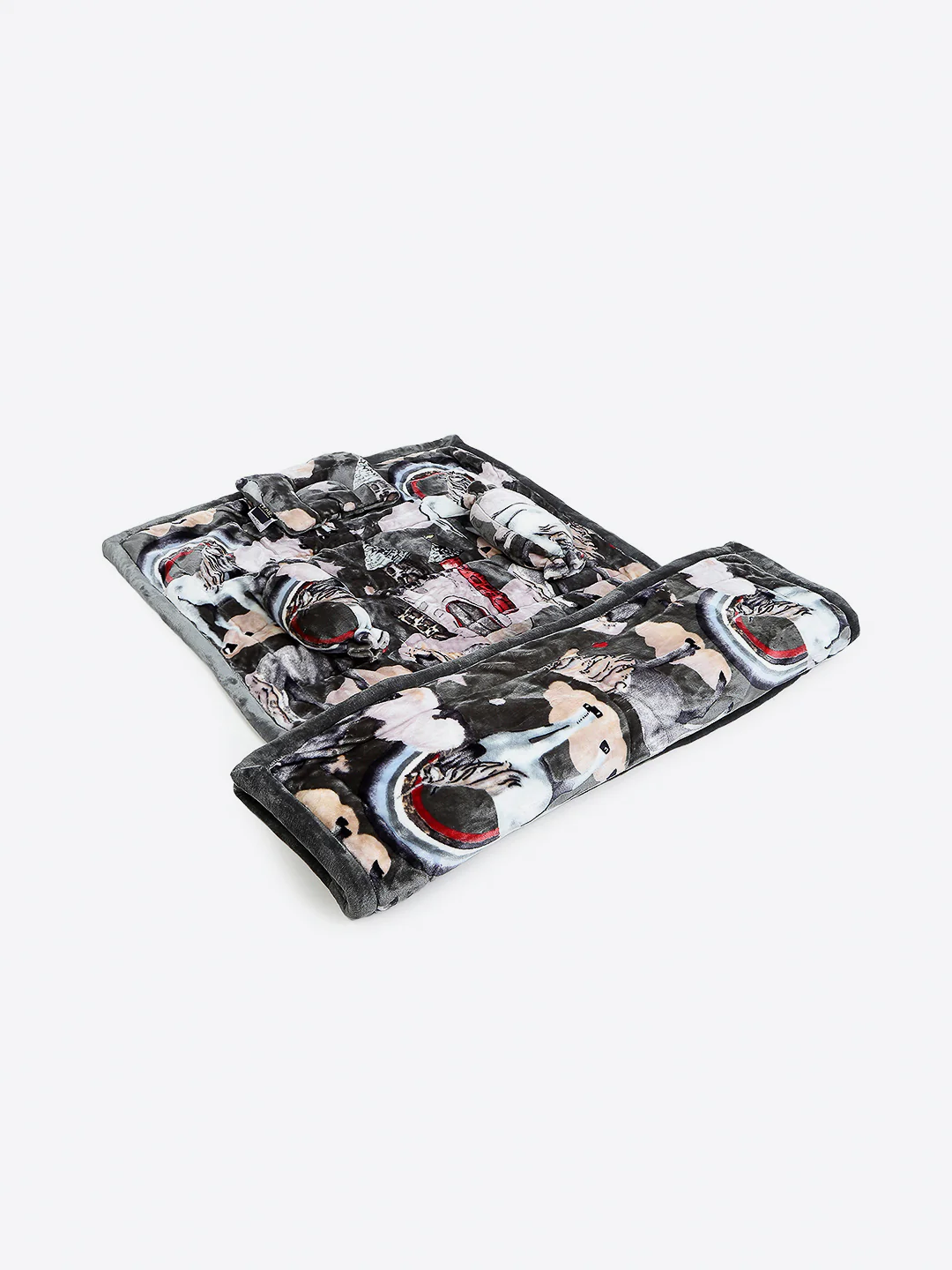 Graphic Print Soft Plush Grey Baby Blanket Set with Matching Comforter, Bedsheet, Neck Pillow, and Bolsters - Image 2
