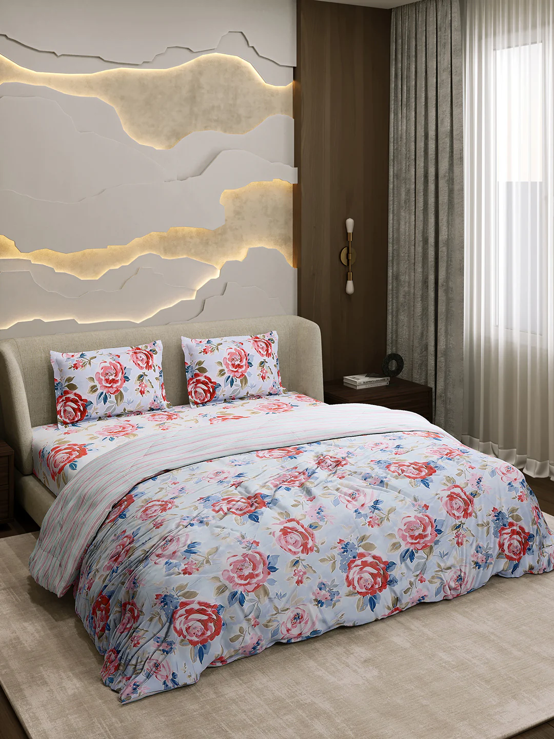 Printed Double Bed 130 GSM 4 Pc Bedding Set (1 Bedsheet, 1 AC Comforter & 2 Pillow Cover) - Image 4