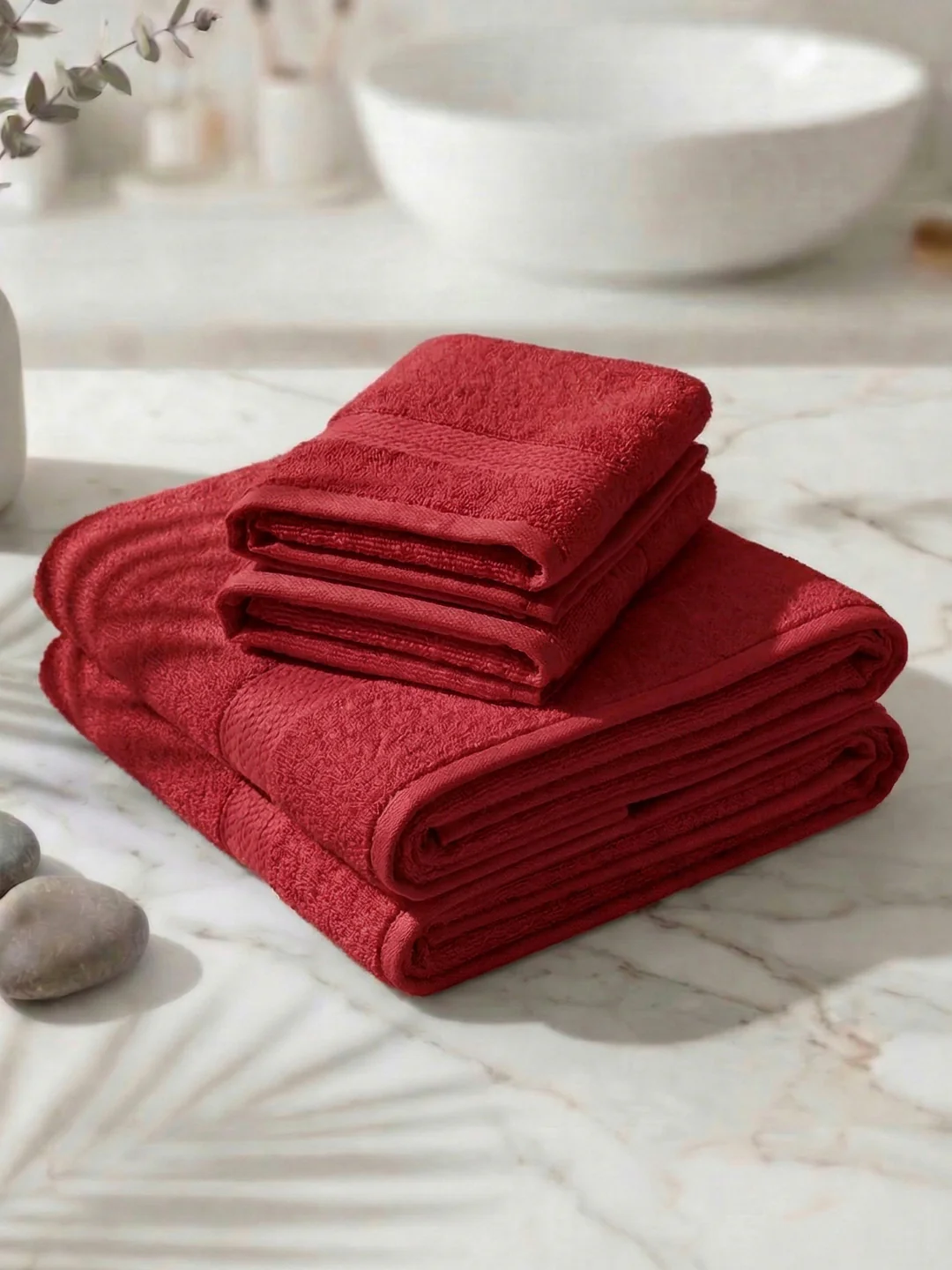 Red 100% Cotton Solid 380 GSM Bath Towel Jazz 4 Pc Set Gifting Box Pack - Image 2