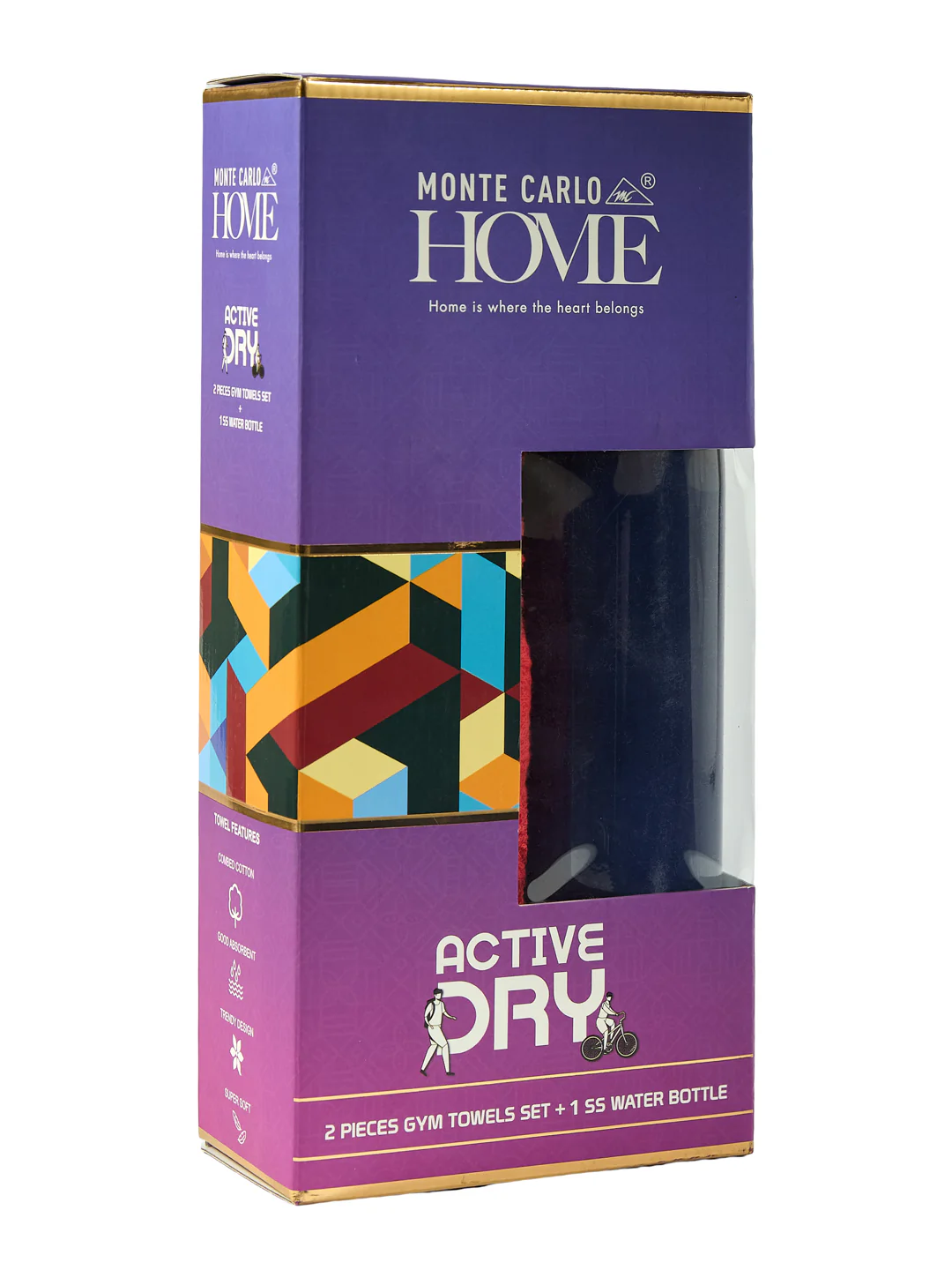 Red 100% Cotton Solid 400 GSM Gym Towel Active Dry 2 Pc Set Gift Box Pack with Free Bottle - Image 11
