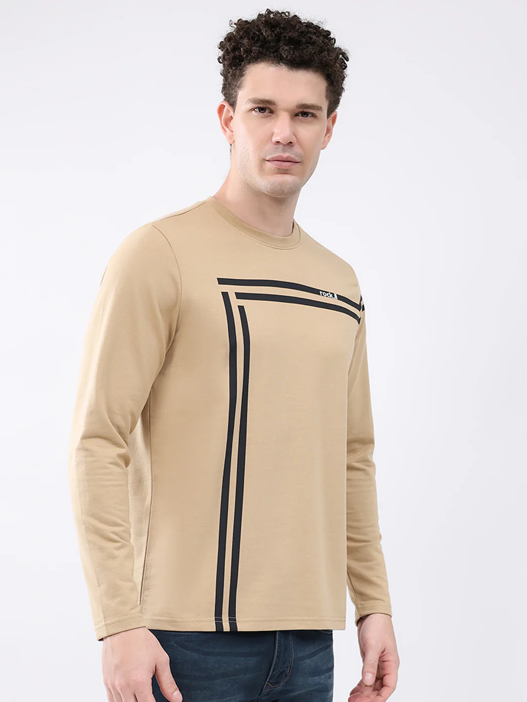Rock.it Men Beige Solid Round Neck Full Sleeve Winter T-Shirt - Image 4
