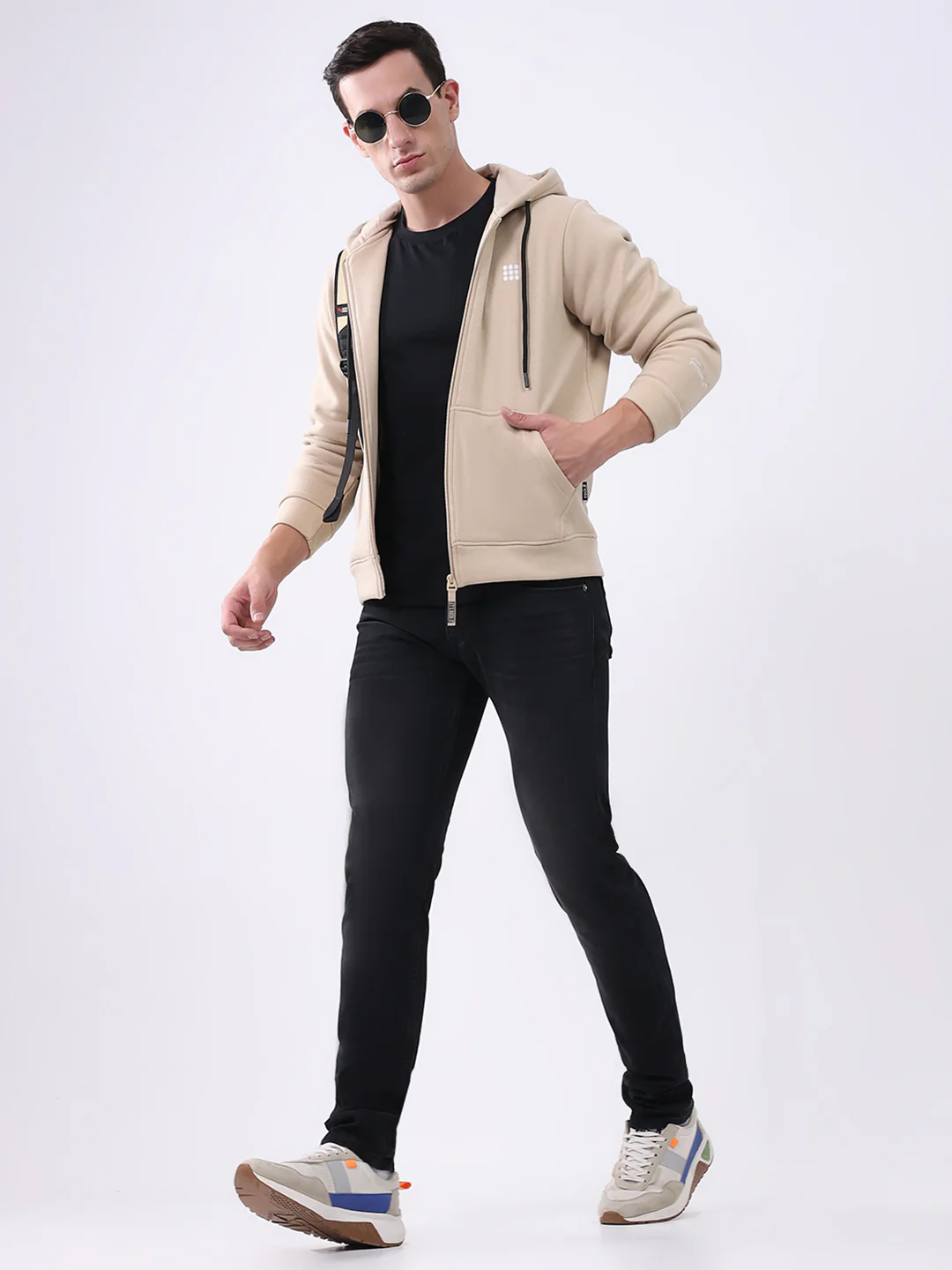 Rock.it Men Beige Solid Hooded Full Sleeve Sweatshirt - Image 2
