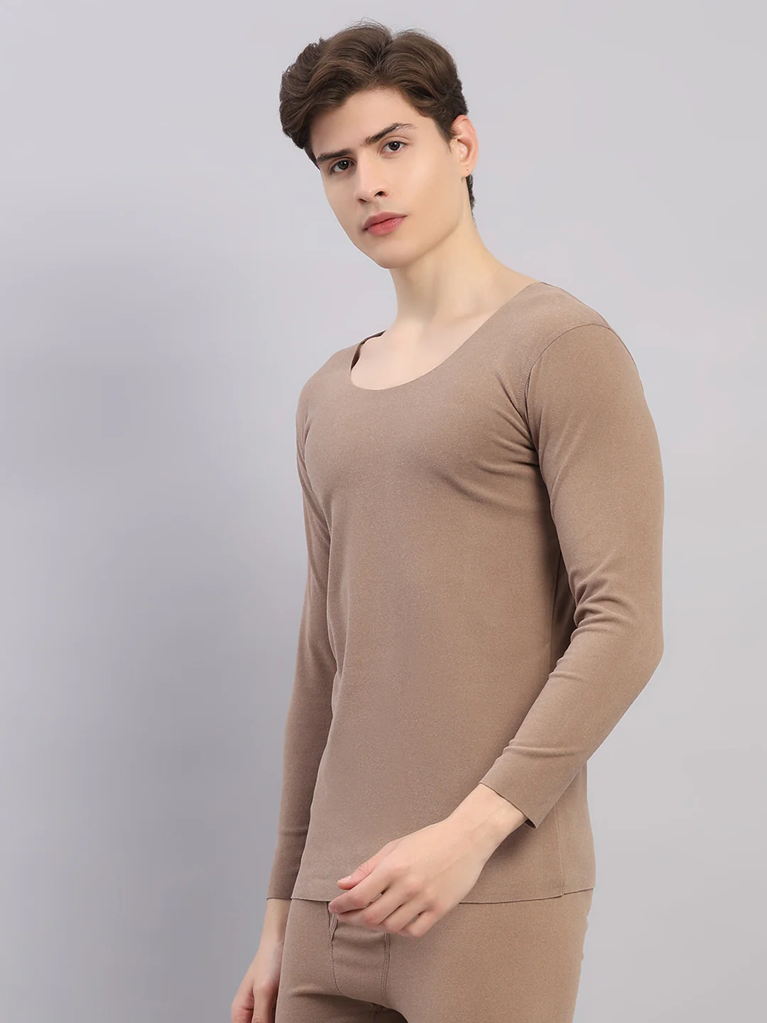 Rock.it Men Beige Solid Round Neck Full Sleeve Thermal Vest - Image 3
