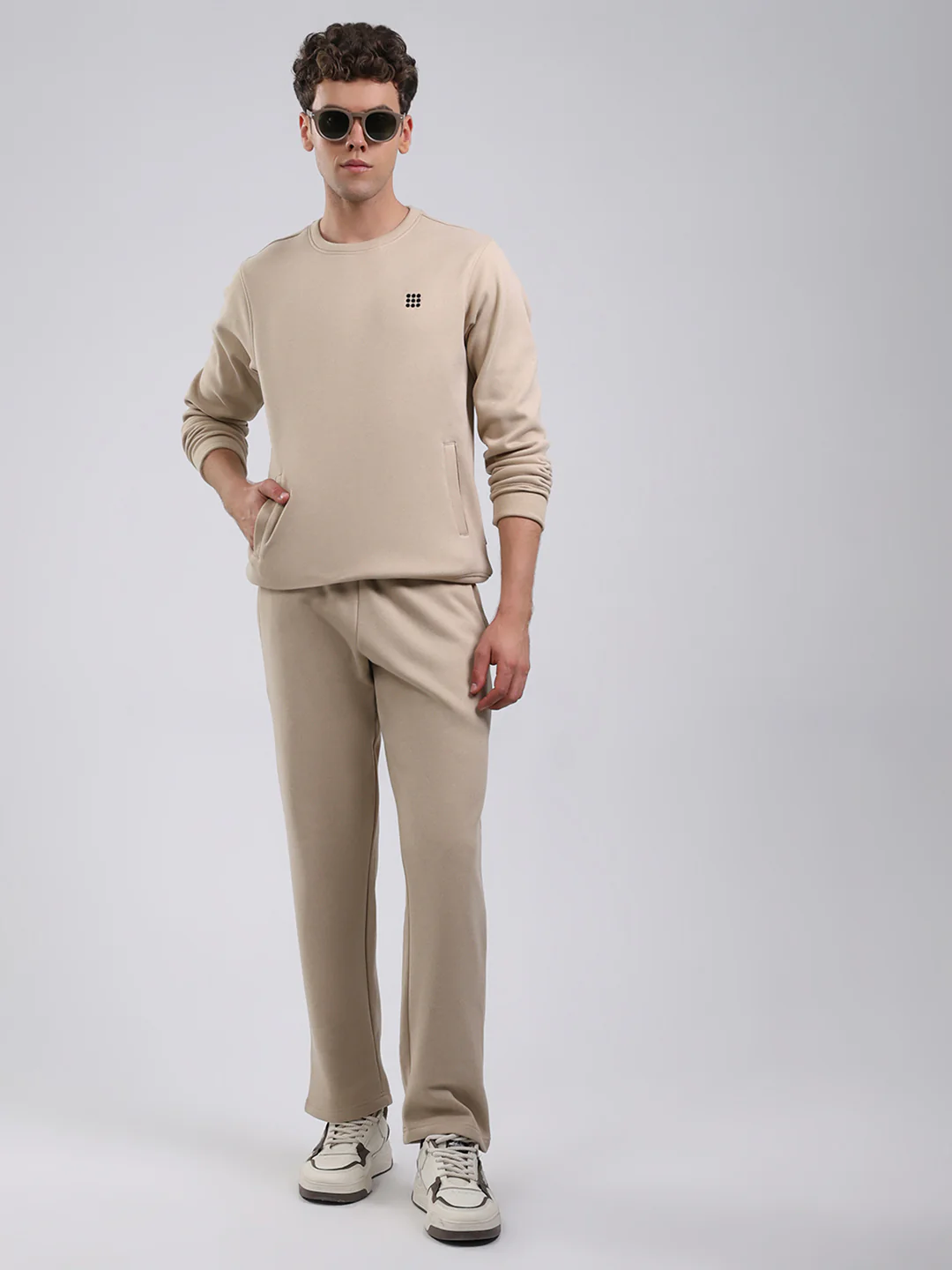 Rock.it Men Beige Solid Round Neck Full Sleeve Winter Tracksuit - Image 2