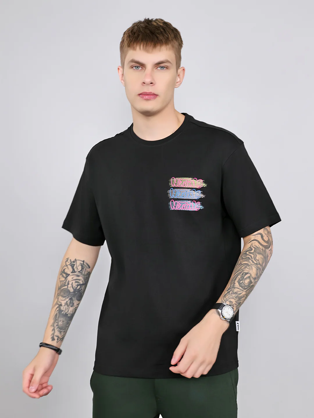 Rock.it Men Black Printed Round Neck Drop Shoulder Half Sleeve T-Shirt