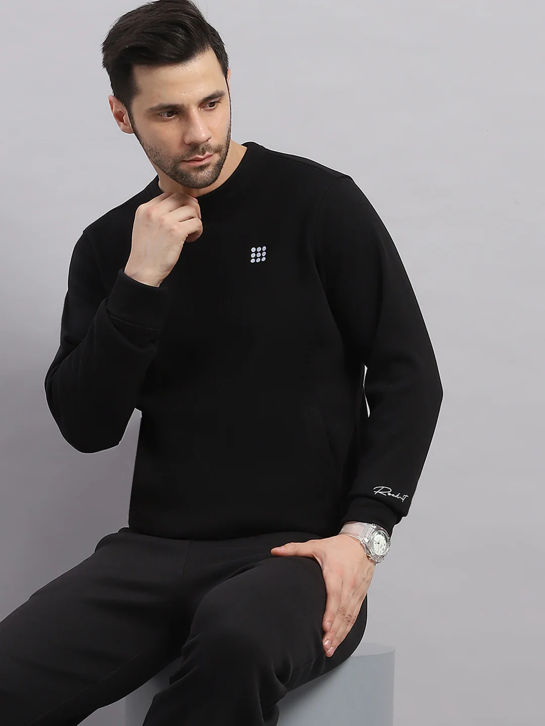 Rock.it Men Black Solid Round Neck Full Sleeve Winter Tracksuit - Image 6
