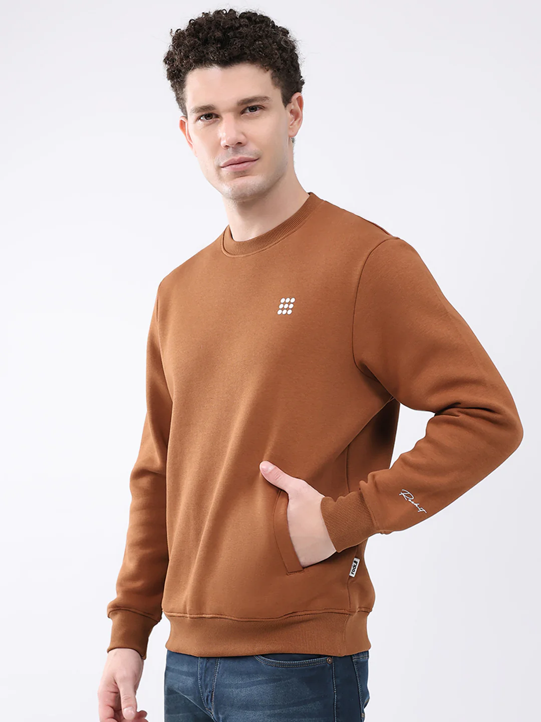 Rock.it Men Brown Solid Round Neck Full Sleeve Sweatshirt - Image 3