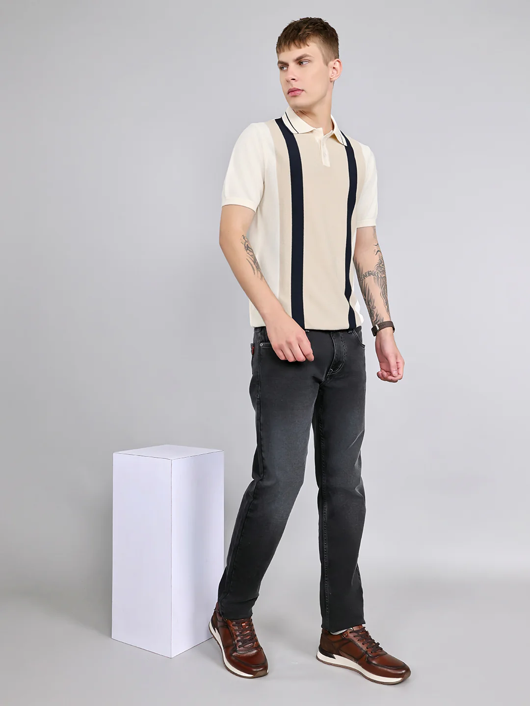 Rock.it Men Cream Stripe Collar Half Sleeve T-Shirt - Image 6