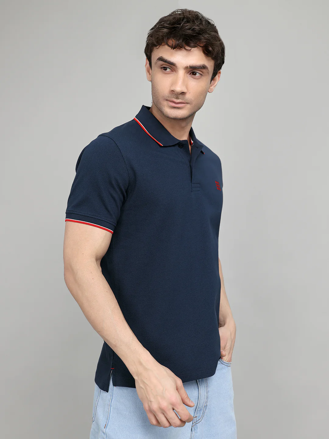 Rock.it Men Dark Blue Self Design Collar Half Sleeve T-Shirt - Image 3
