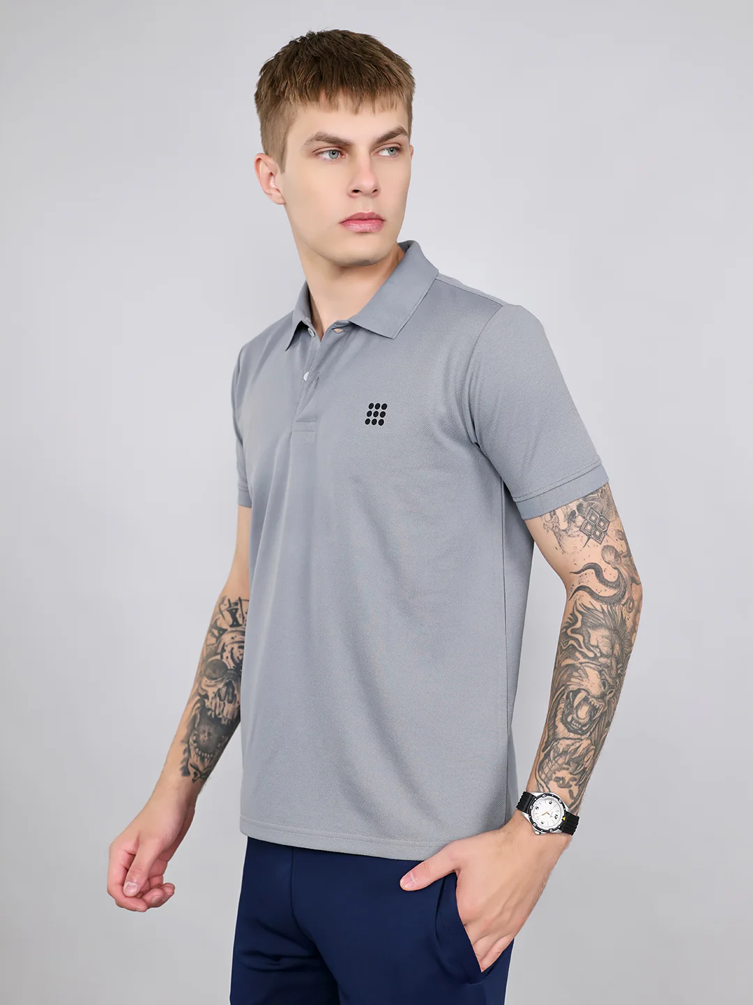 Rock.it Men Grey Jacquard Collar Half Sleeve T-Shirt - Image 2