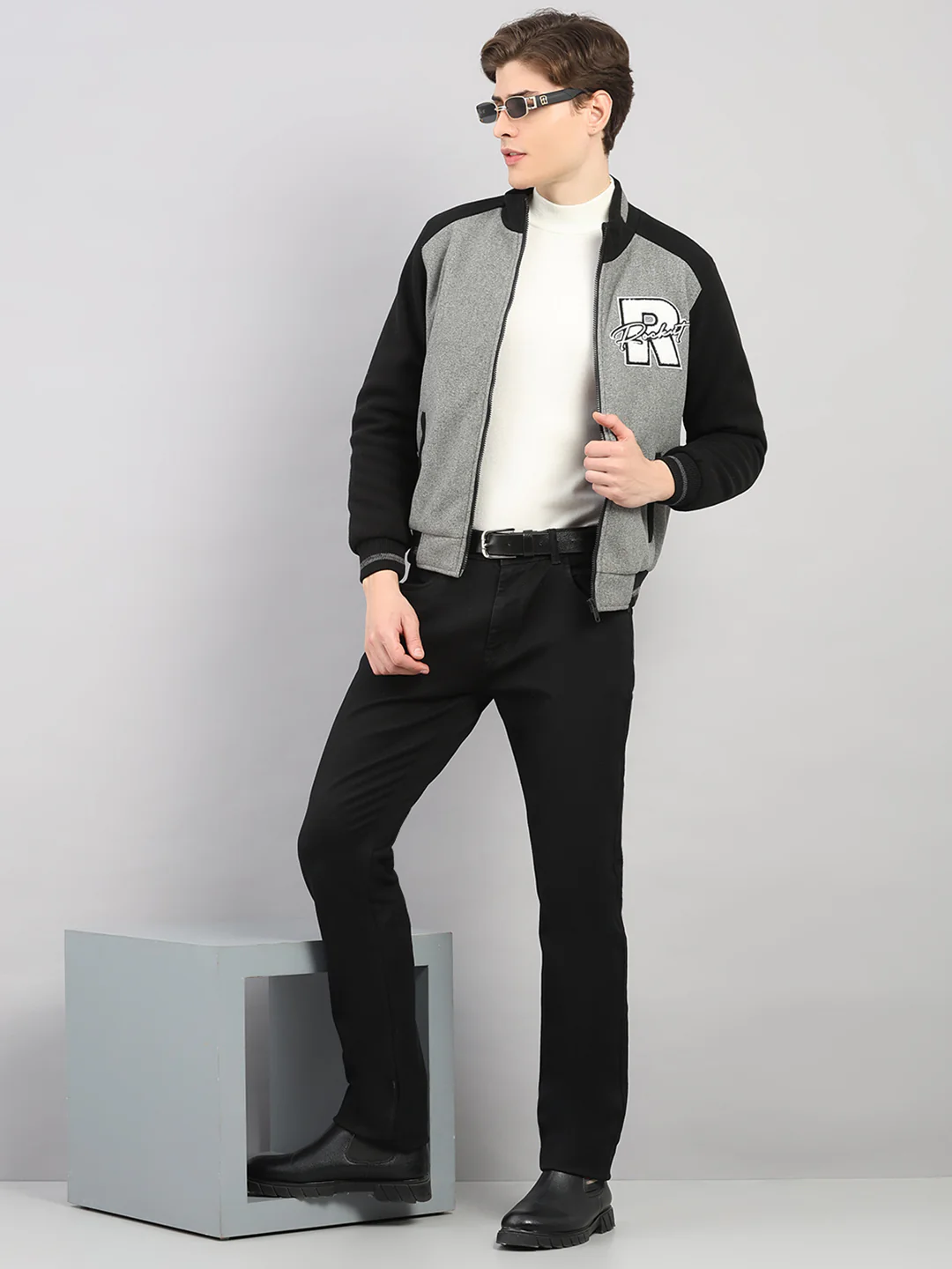 Rock.it Men Grey Melange Solid Stand Collar Full Sleeve Jacket - Image 2