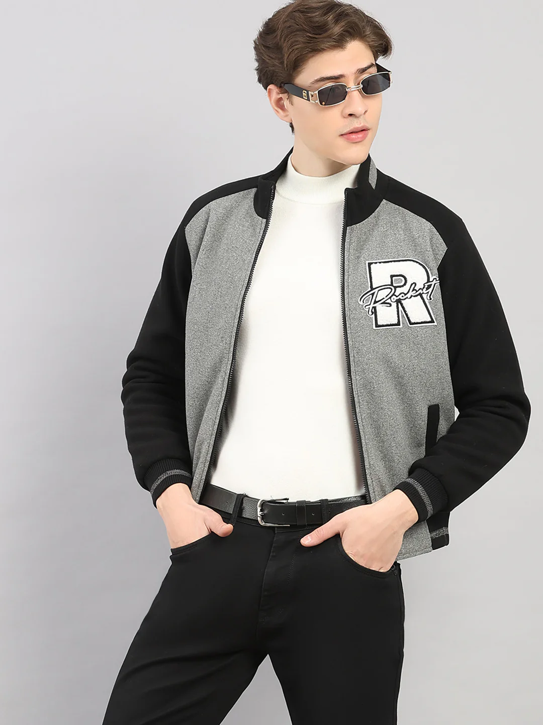 Rock.it Men Grey Melange Solid Stand Collar Full Sleeve Jacket - Image 6