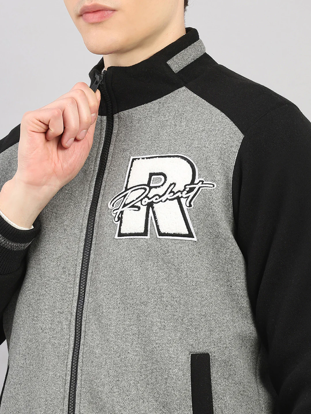 Rock.it Men Grey Melange Solid Stand Collar Full Sleeve Jacket - Image 7