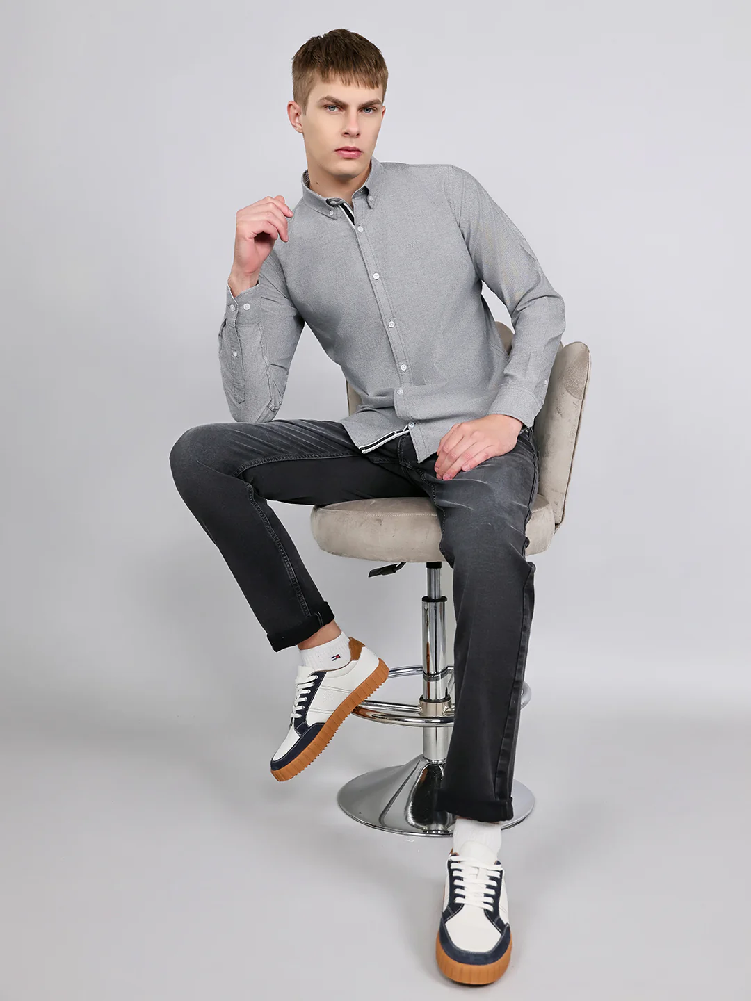 Rock.it Men Grey Solid Collar Full Sleeve Shirt - Image 6