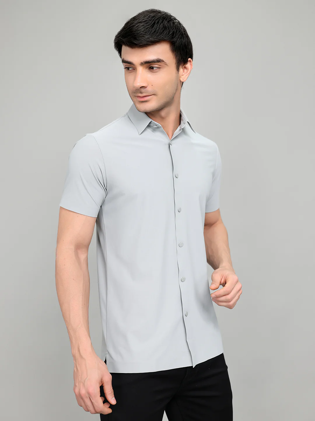 Rock.it Men Grey Solid Collar Half Sleeve Shirt - Image 3
