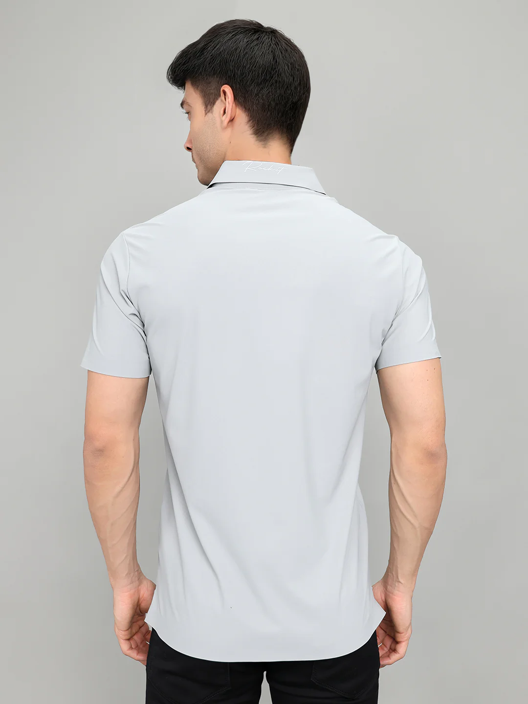 Rock.it Men Grey Solid Collar Half Sleeve Shirt - Image 4