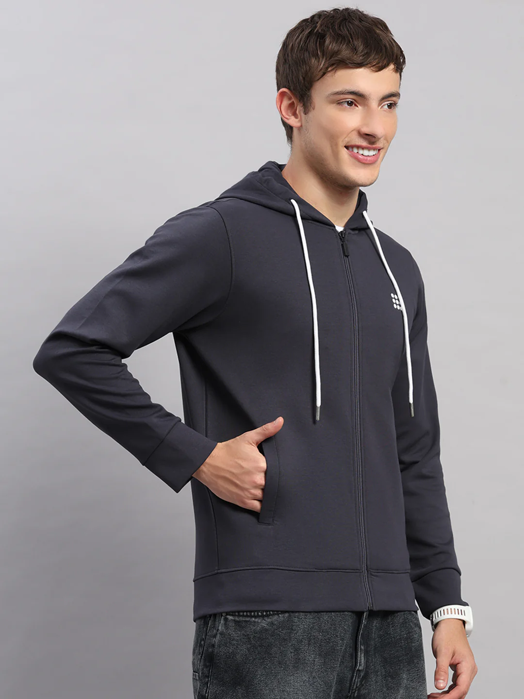 Rock.it Men Grey Solid Hooded Full Sleeve Sweatshirt - Image 4