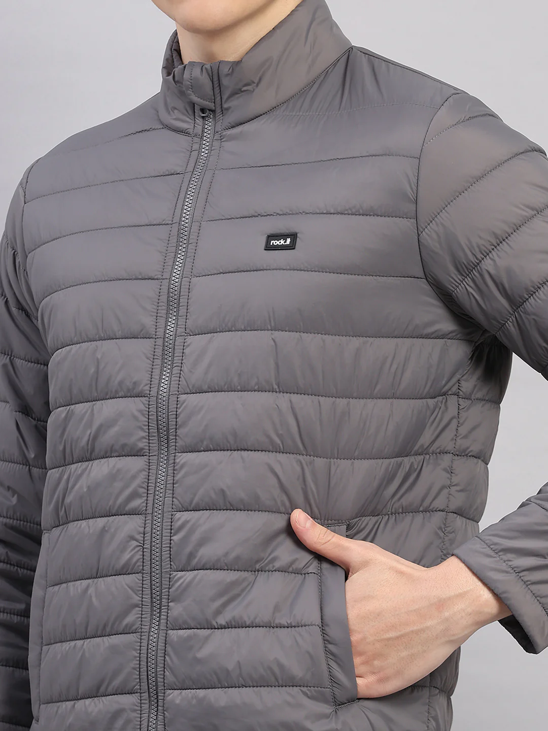Rock.it Men Grey Solid Stand Collar Full Sleeve Jacket - Image 7