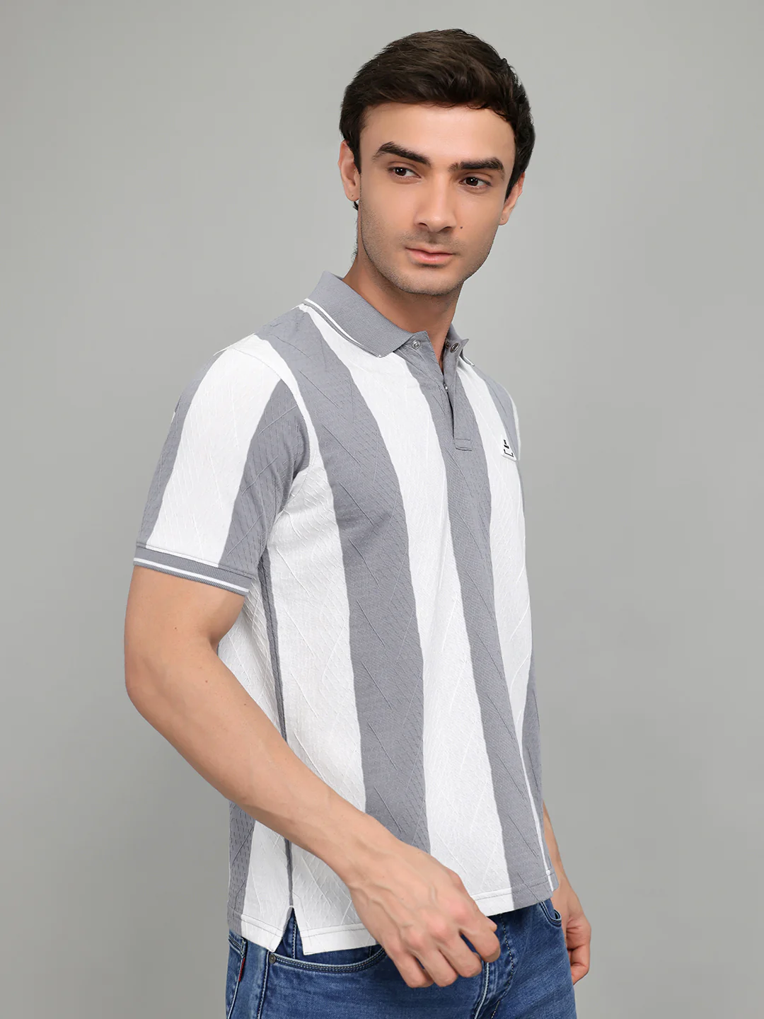 Rock.it Men Grey & White Stripe Collar Half Sleeve T-Shirt - Image 3