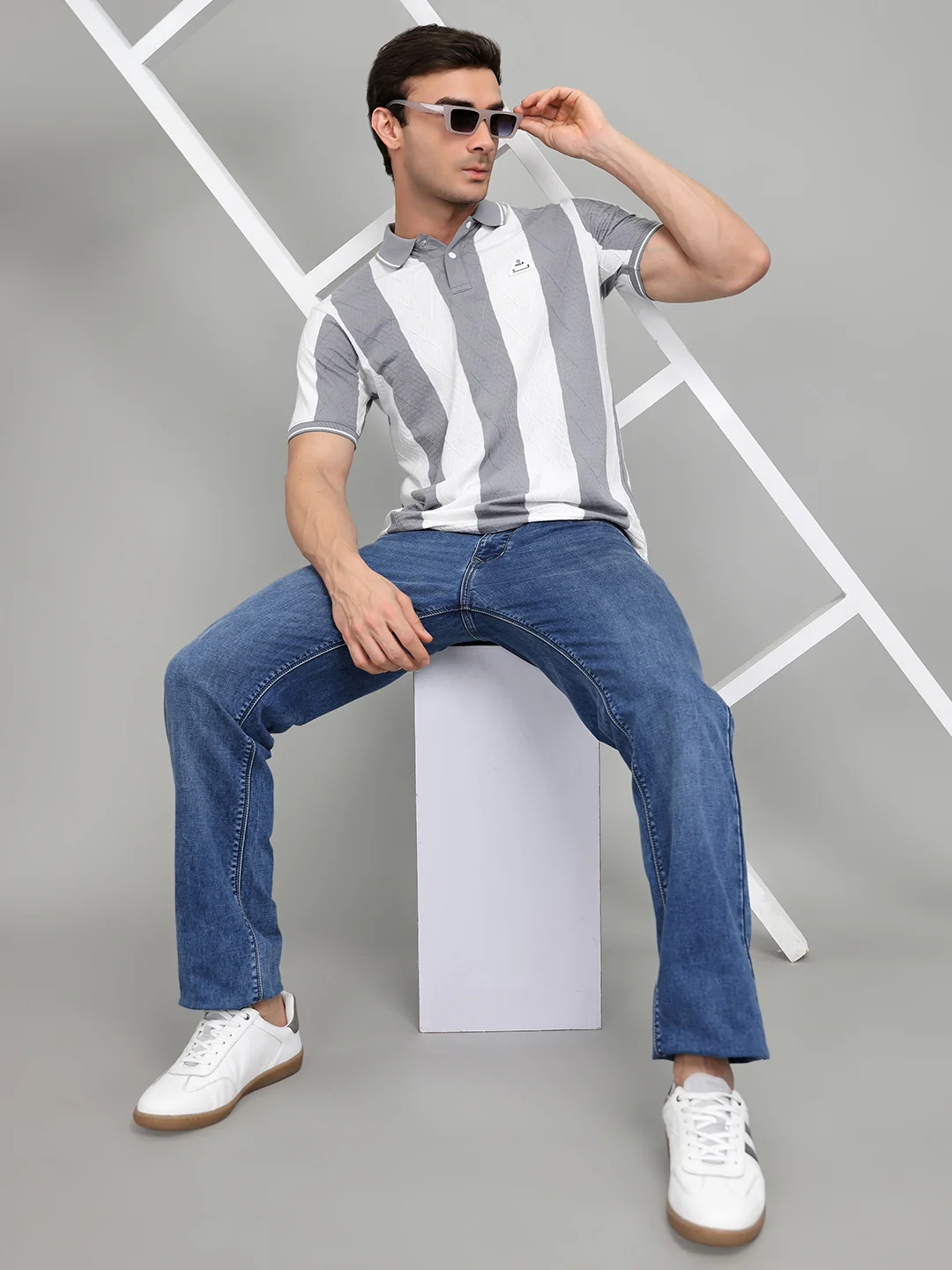 Rock.it Men Grey & White Stripe Collar Half Sleeve T-Shirt - Image 6