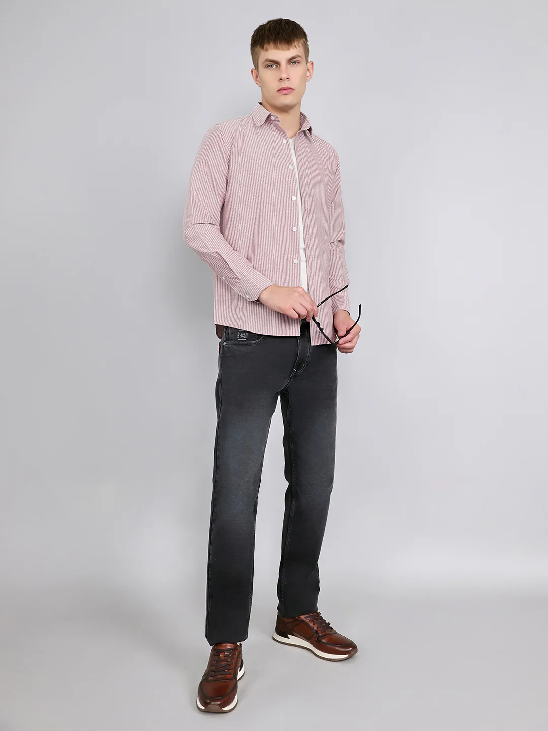 Rock.it Men Mauve Stripe Collar Full Sleeve Shirt - Image 6