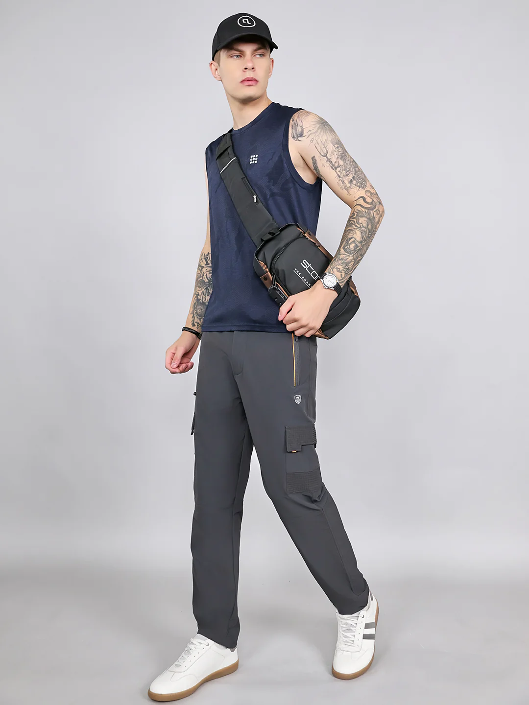 Rock.it Men Navy Blue Jacquard Round Neck Sleeveless T-Shirt - Image 6