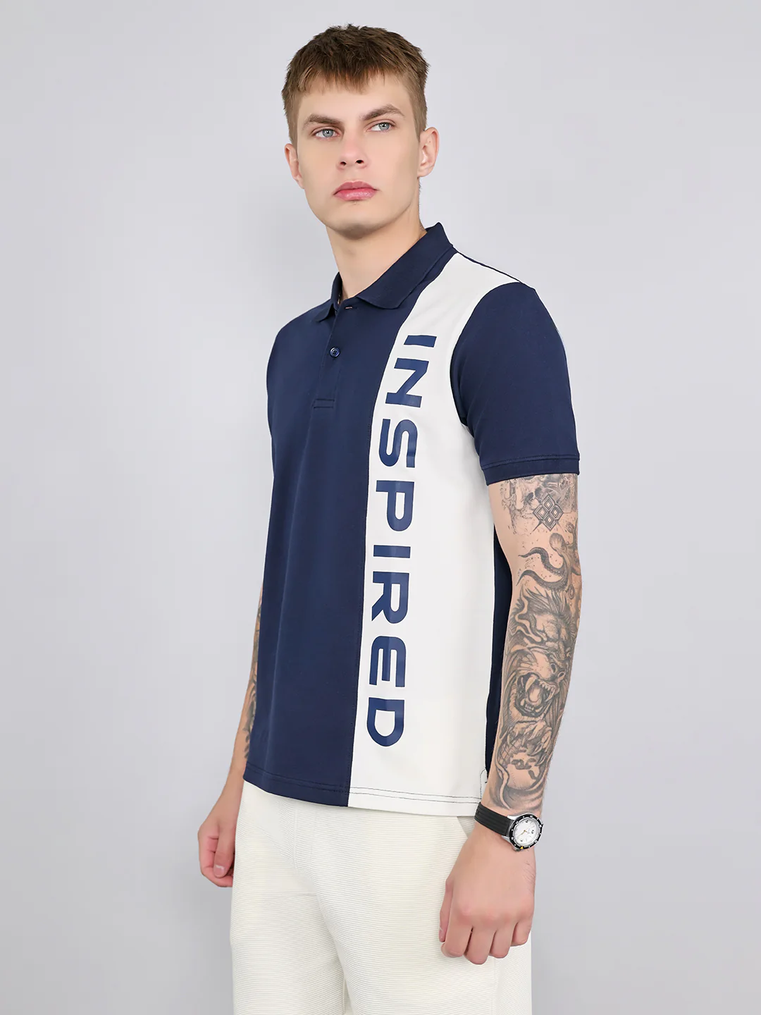Rock.it Men Navy Blue Printed Collar Half Sleeve T-Shirt - Image 3
