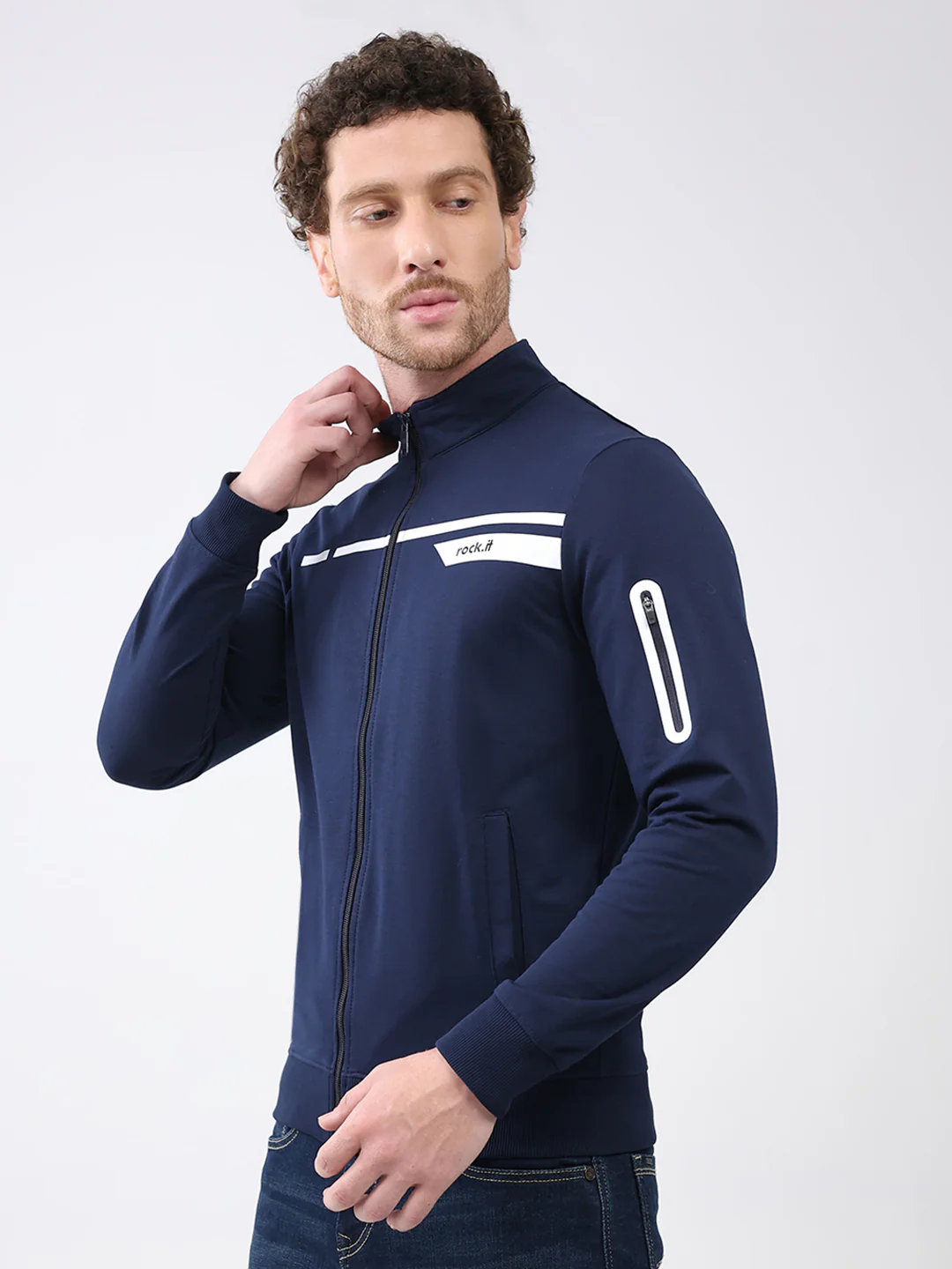 Rock.it Men Navy Blue Printed Mock Neck Full Sleeve Sweatshirt - Image 3
