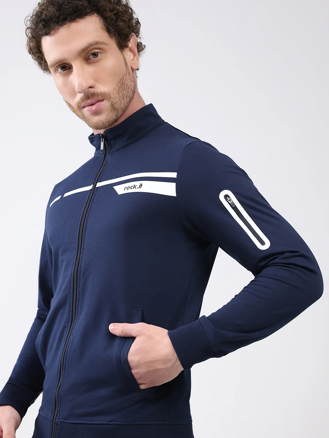 Rock.it Men Navy Blue Printed Mock Neck Full Sleeve Sweatshirt - Image 7