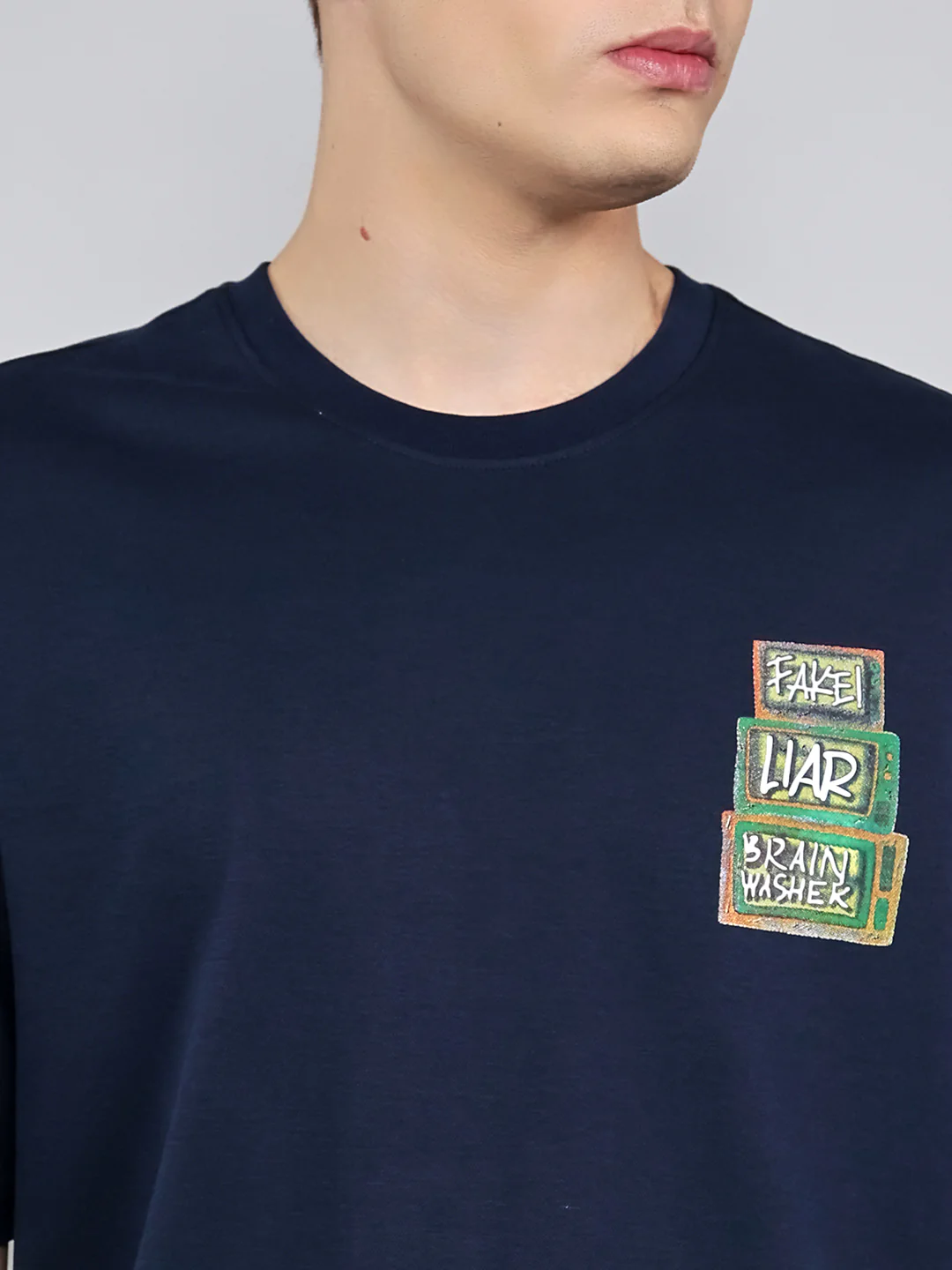 Rock.it Men Navy Blue Printed Round Neck Drop Shoulder Half Sleeve T-Shirt - Image 5
