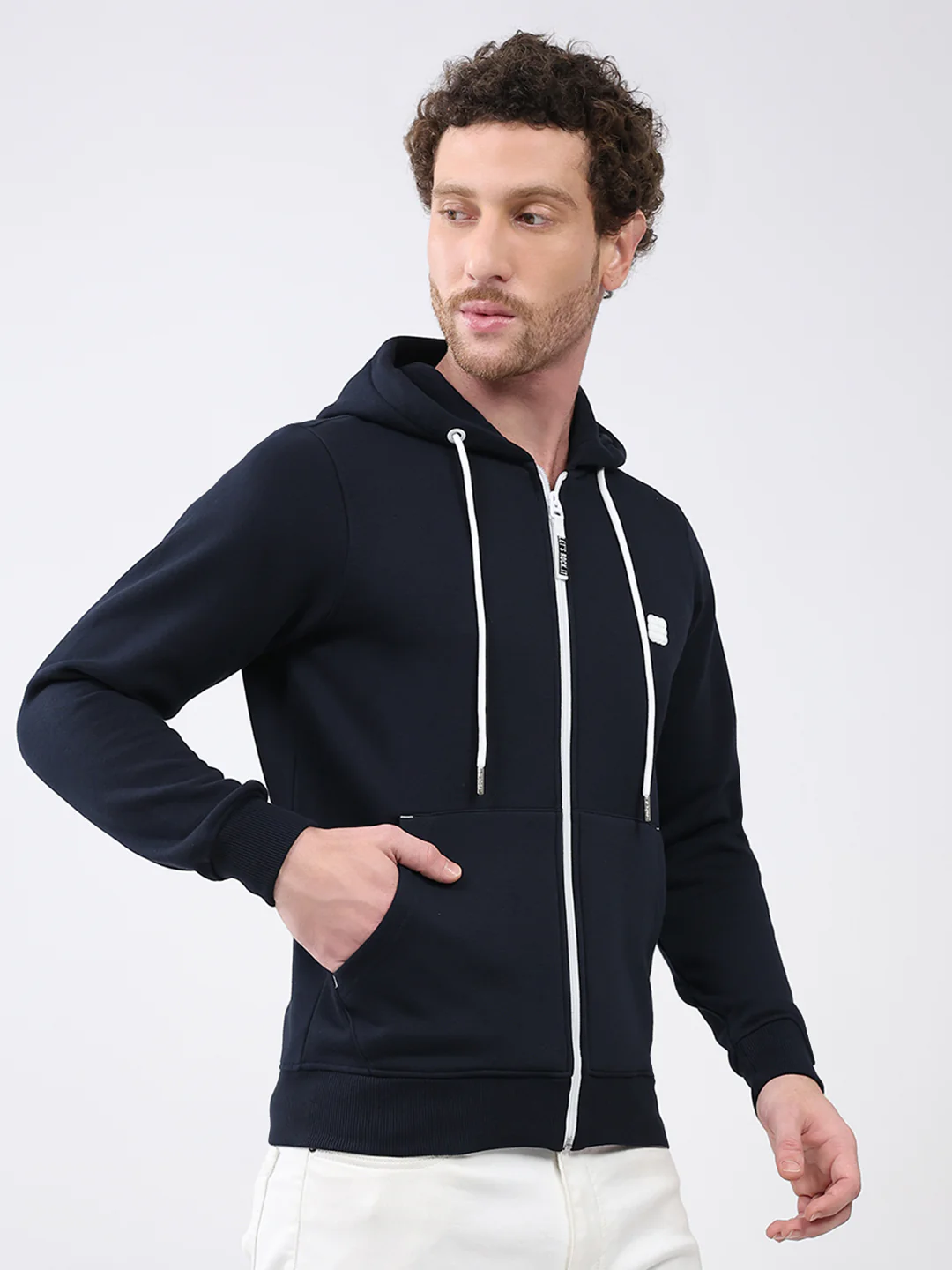 Rock.it Men Navy Blue Solid Hooded Full Sleeve Sweatshirt - Image 4
