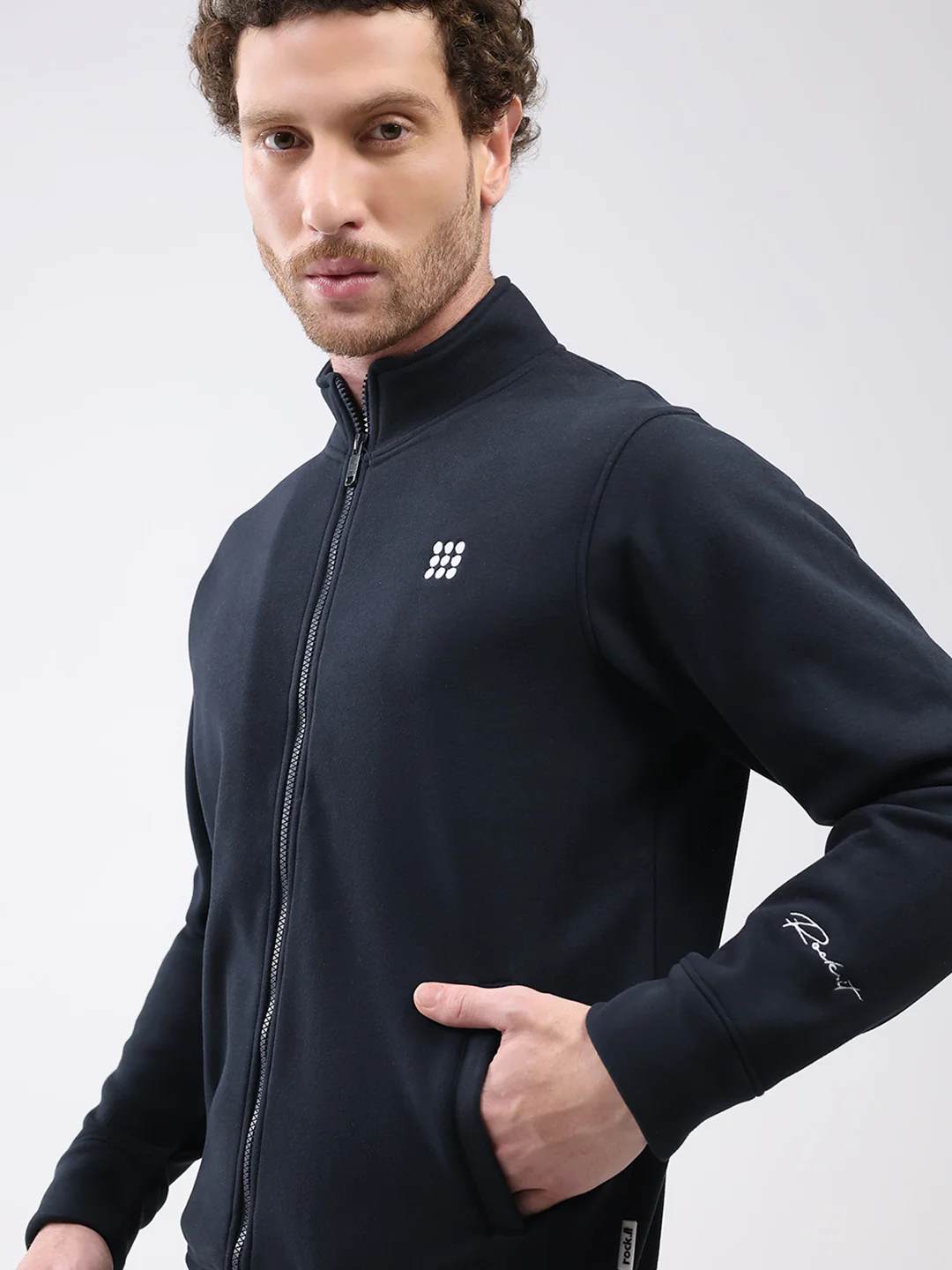Rock.it Men Navy Blue Solid Mock Neck Full Sleeve Sweatshirt - Image 6