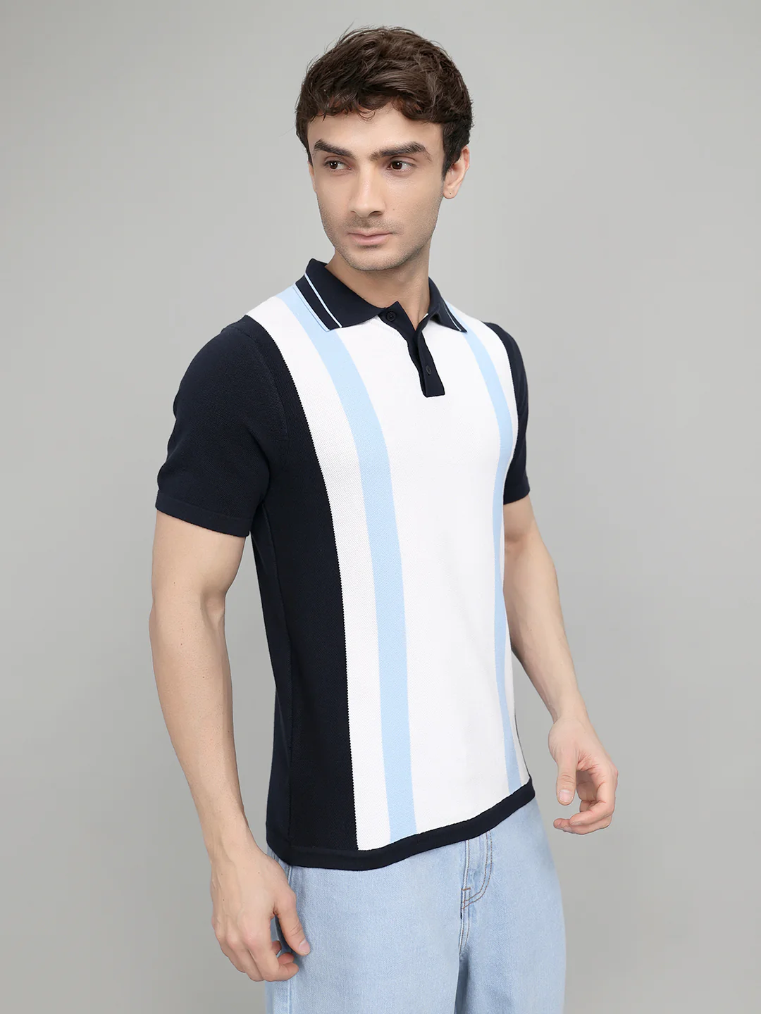 Rock.it Men Navy Blue Stripe Collar Half Sleeve T-Shirt - Image 3