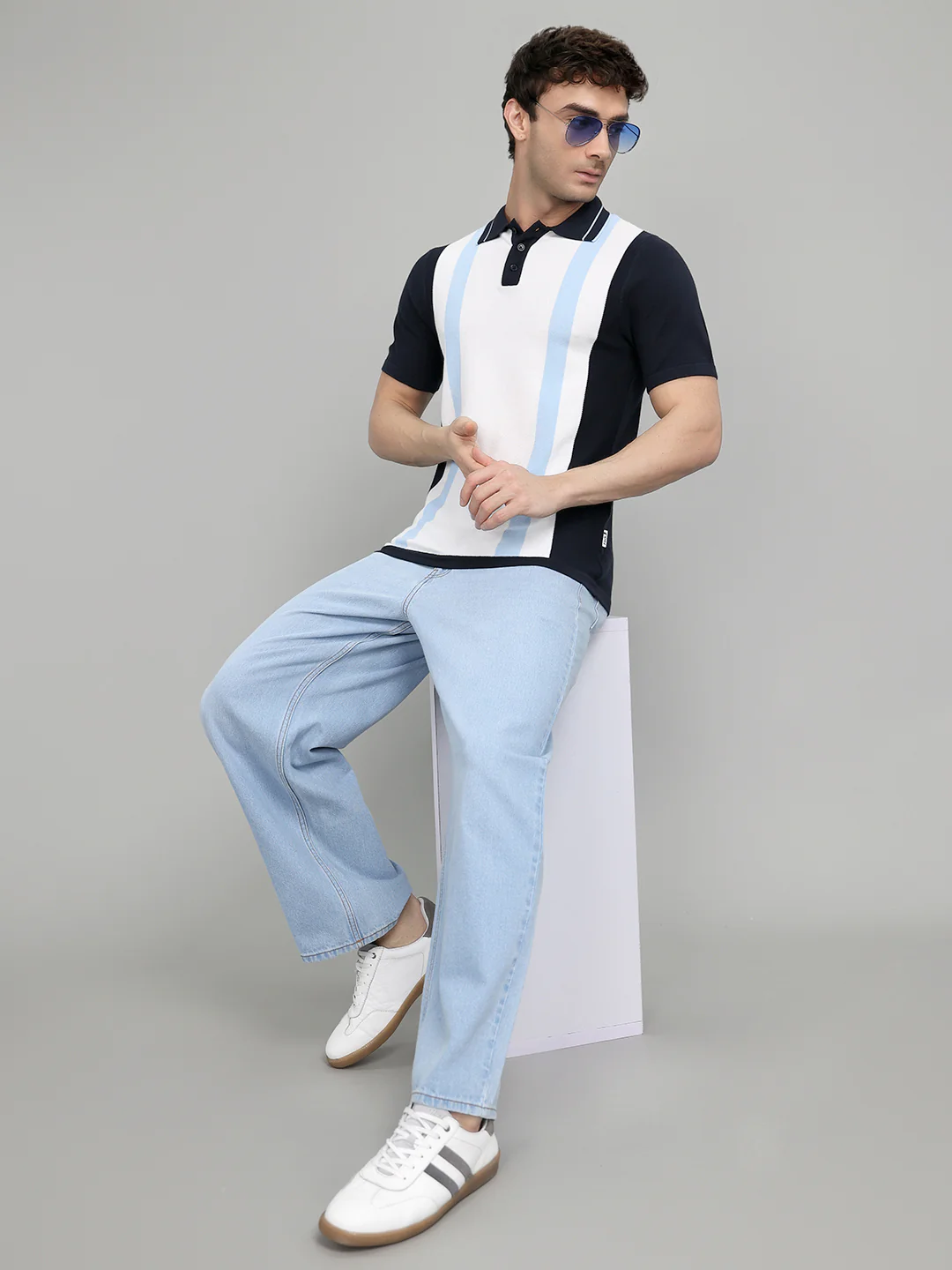 Rock.it Men Navy Blue Stripe Collar Half Sleeve T-Shirt - Image 6