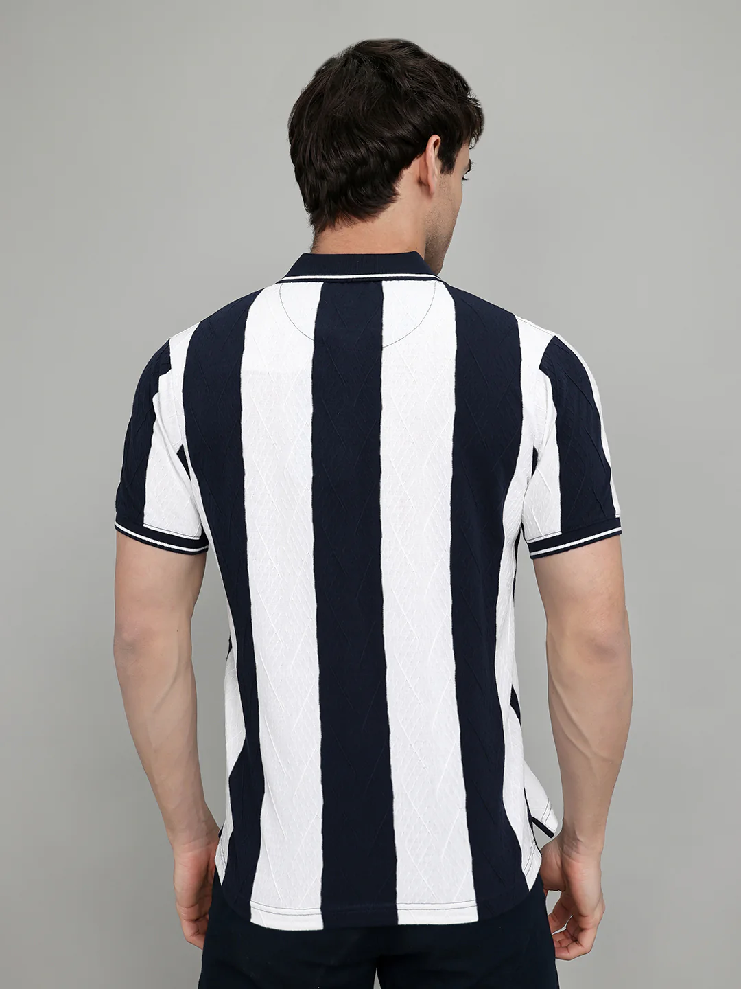 Rock.it Men Navy Blue & White Stripe Collar Half Sleeve T-Shirt - Image 4