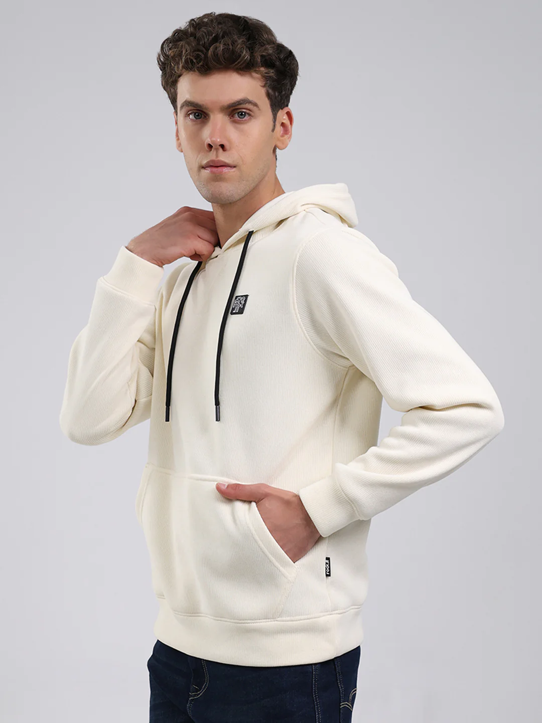 Rock.it Men Off White Solid Hooded Full Sleeve Sweatshirt - Image 3