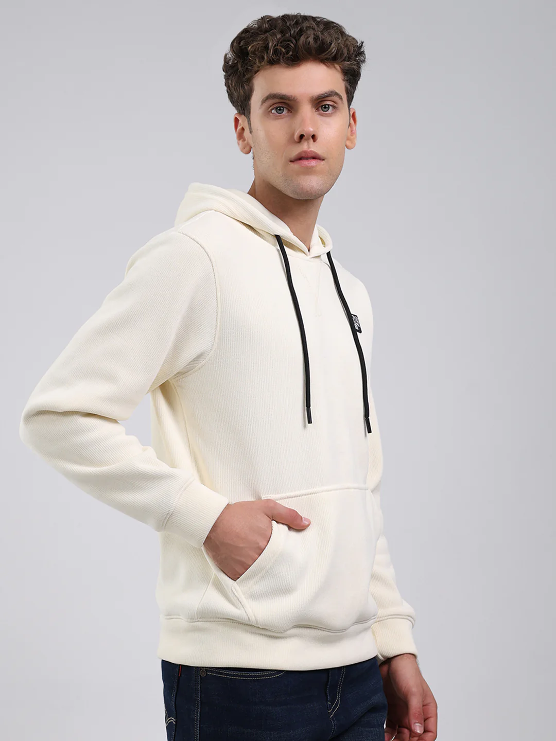Rock.it Men Off White Solid Hooded Full Sleeve Sweatshirt - Image 4