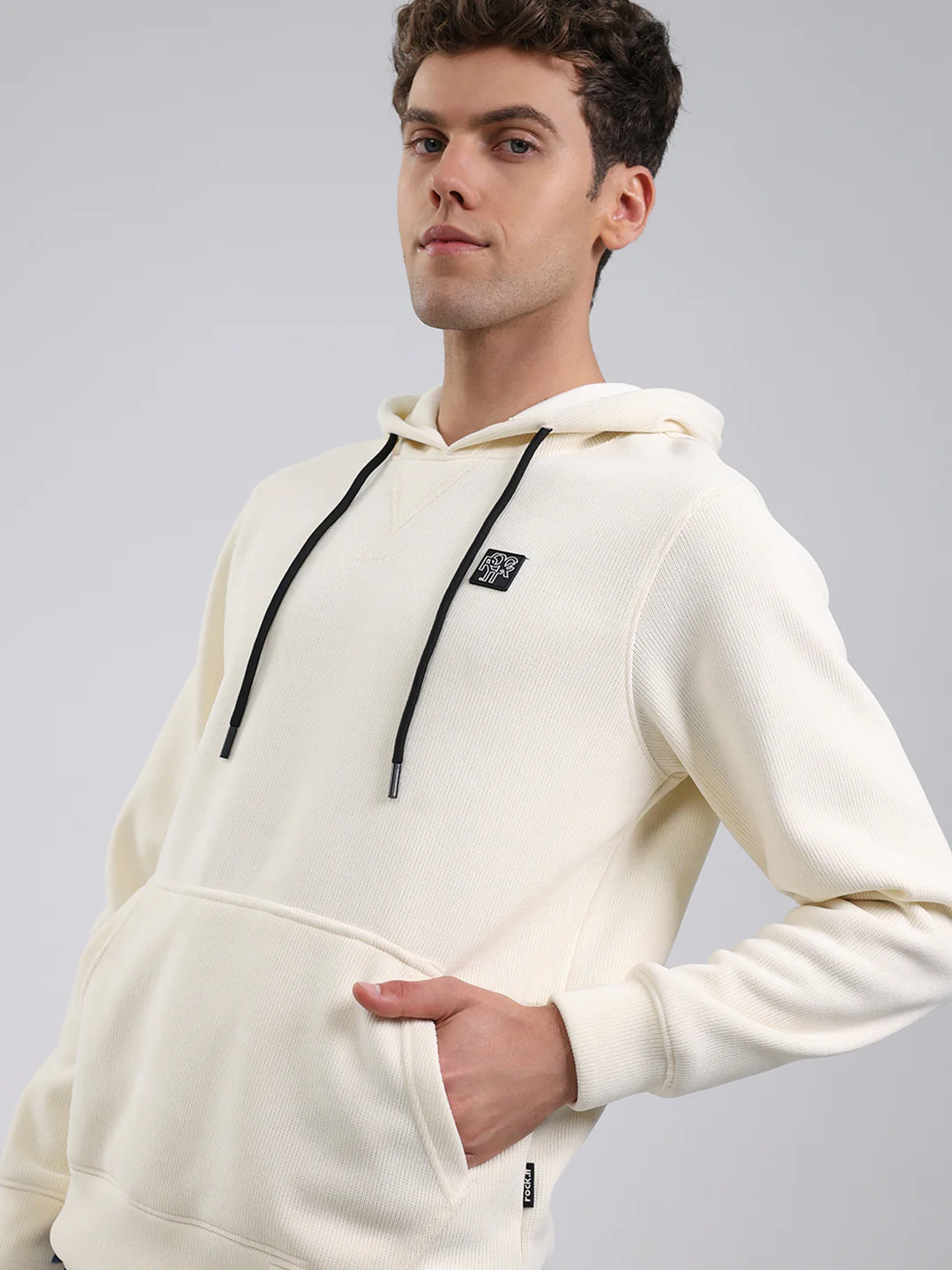 Rock.it Men Off White Solid Hooded Full Sleeve Sweatshirt - Image 6