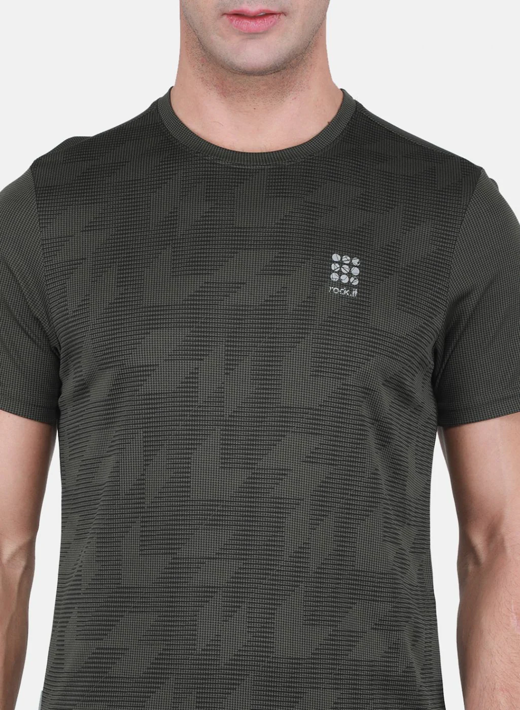 Rock.it Men Olive Self Design T-Shirt - Image 3