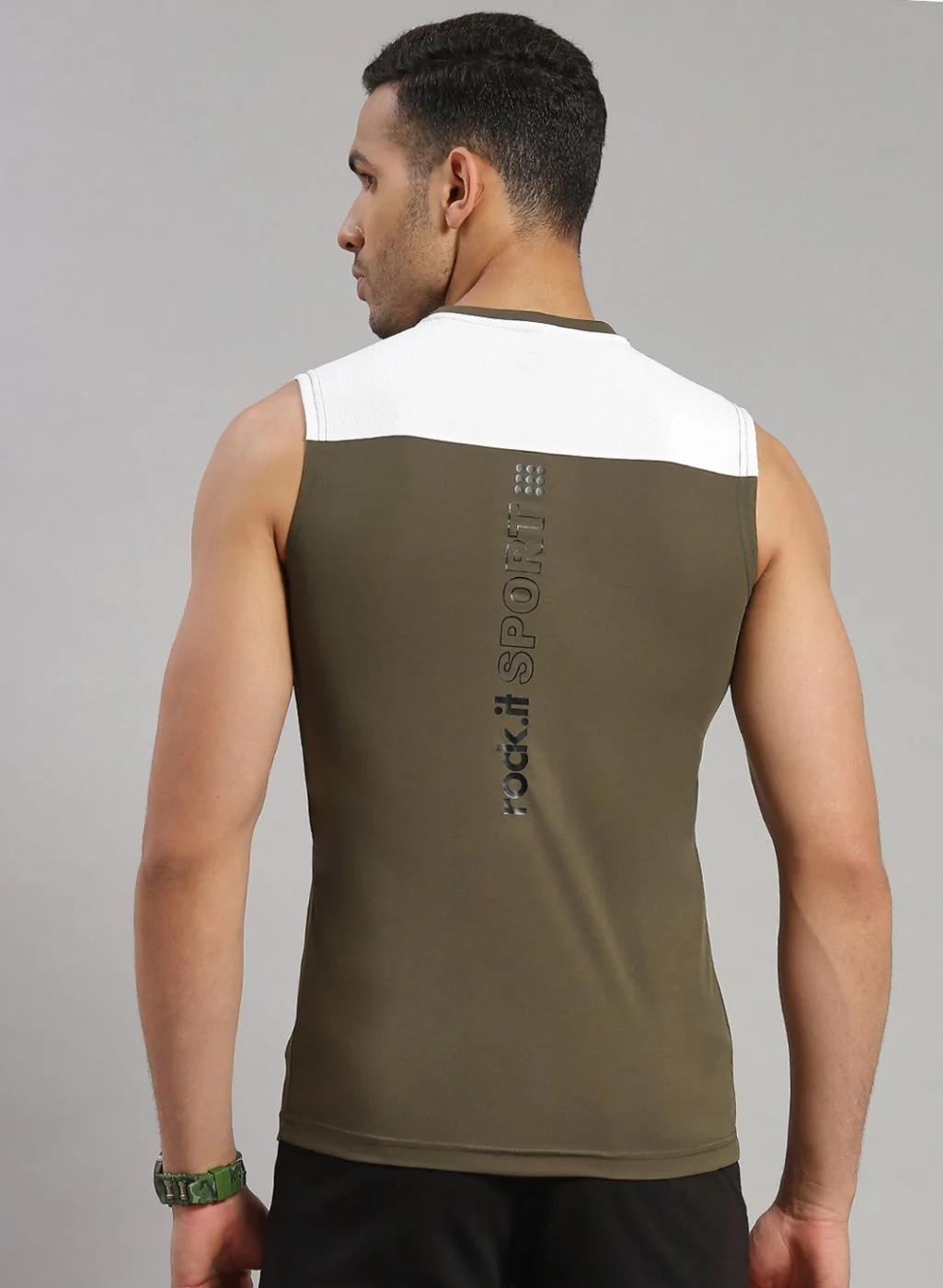 Rock.it Men Olive Sleeveless T-Shirt - Image 5