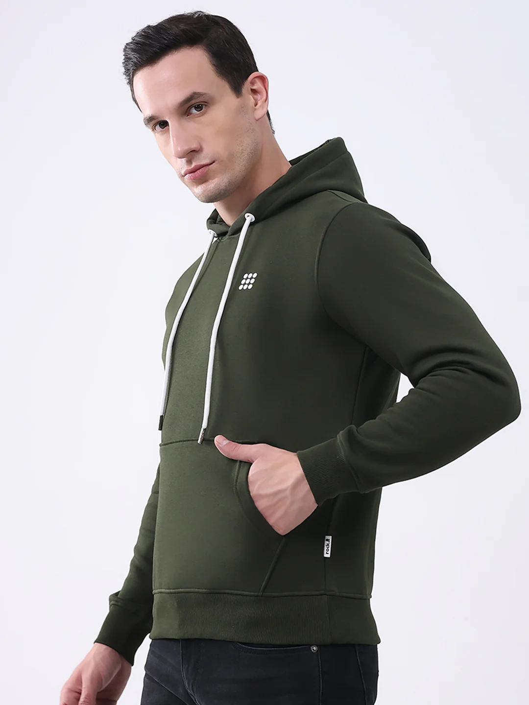 Rock.it Men Olive Solid Hooded Full Sleeve Sweatshirt - Image 3