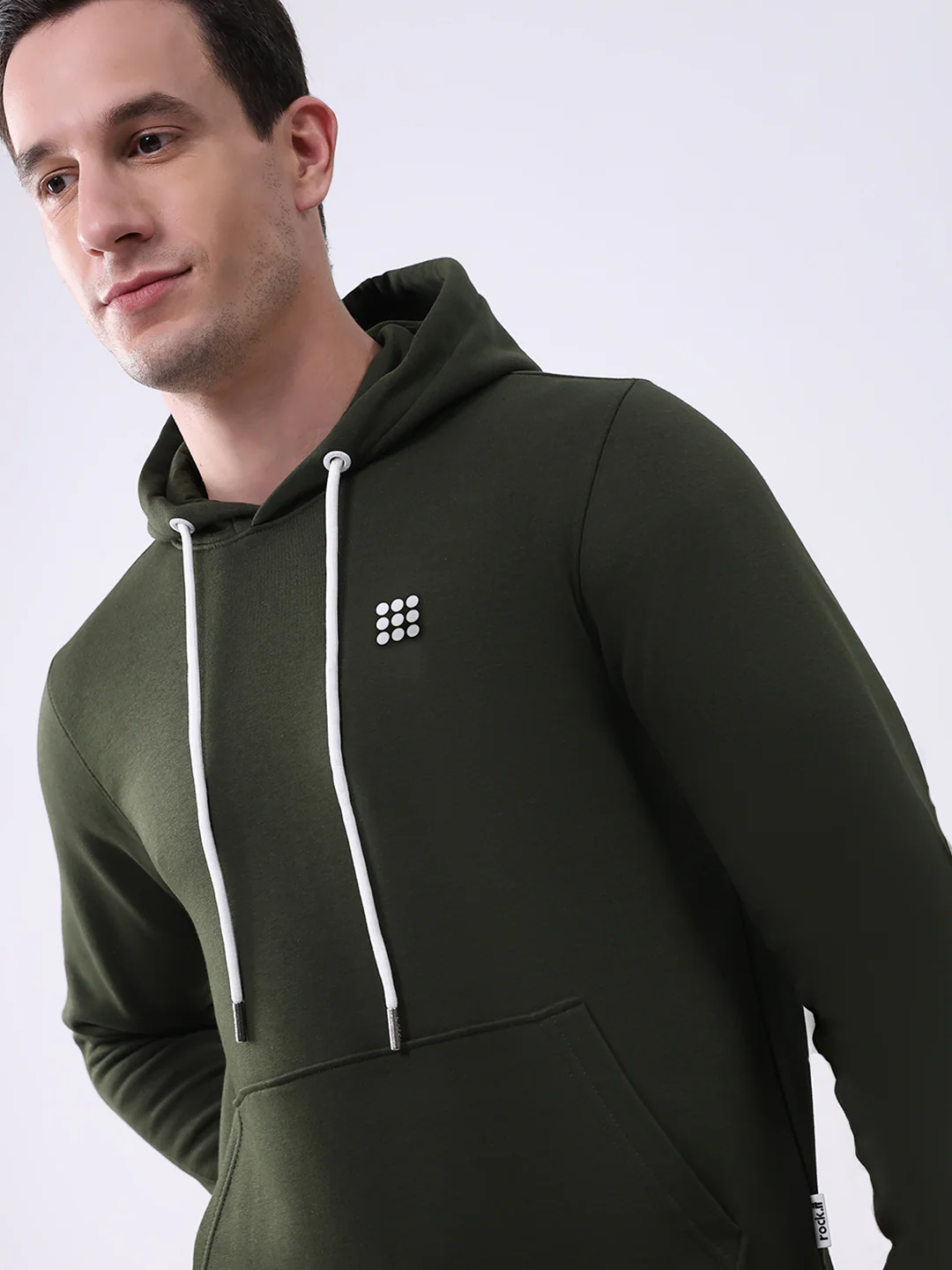 Rock.it Men Olive Solid Hooded Full Sleeve Sweatshirt - Image 6
